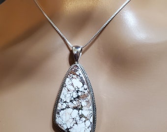 Large Wild Horse Pendant/Wild horse Necklace/Silver Chain/Big White Stone/Wild Horse Necklace /Crazy Horse Pendant /Gift For Her/W8
