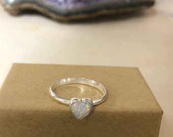 Heart White Opal Ring/ Dainty Opal Ring/Stacking Ring/Sterling Silver/925/Small Heart Ring/Heart / Made In USA