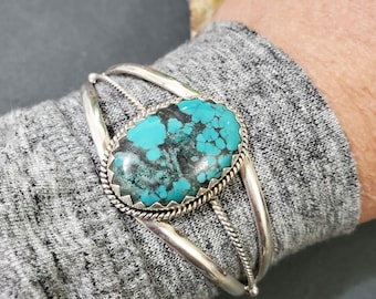 Blue Turquoise Cuff/Sterling Silver Cuff/Turquoise Cuff Bracelet/Turquoise Bangle/Turquoise Bracelet/Gold Matrix Turquoise Cuff/QT16