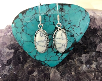 White Buffalo Earring/White Turquoise/Sterling Silver/Statement Earring/Long Oval Earring