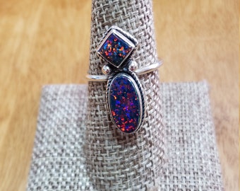 Long Black Fire Opal Silver Ring/Made In USA