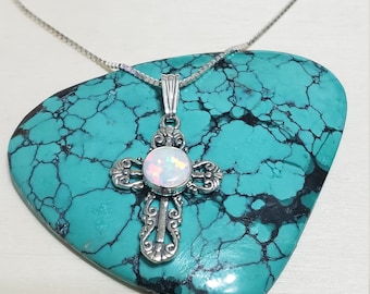 Fire white Opal Cross Pendant Sterling Silver / White Opal /Opal Pendant /Opal Cross /Silver Cross