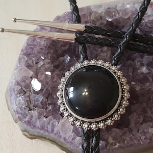 Black Onyx Bolo Tie/Sterling Silver Bolo Tie/Round Black Stone Bolo/Sterling Silver Black Onyx Bolo Tie/Big Black Stone Bolo Tie/B131