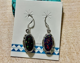 Black Fire Opal Earring/Red Fire Opal/Sterling Silver/Opal Dangling Earring/Long Drop Black Opal Earring