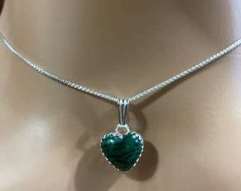 Green Malachite Heart Pendant/Sterling Silver/ Green Stone Heart Necklace/Green Heart Pendant / Natural Malachite Necklace