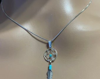 Dreamcatcher Necklace / Sterling Silver Pendant Necklace/Small Dreamcatcher Pendant/Turquoise Dreamcatcher Necklace