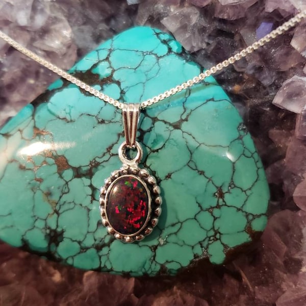 Black Fire Opal Pendant Necklace/Sterling Silver/Red Opal Necklace/Small Opal Pendant /Made In USA