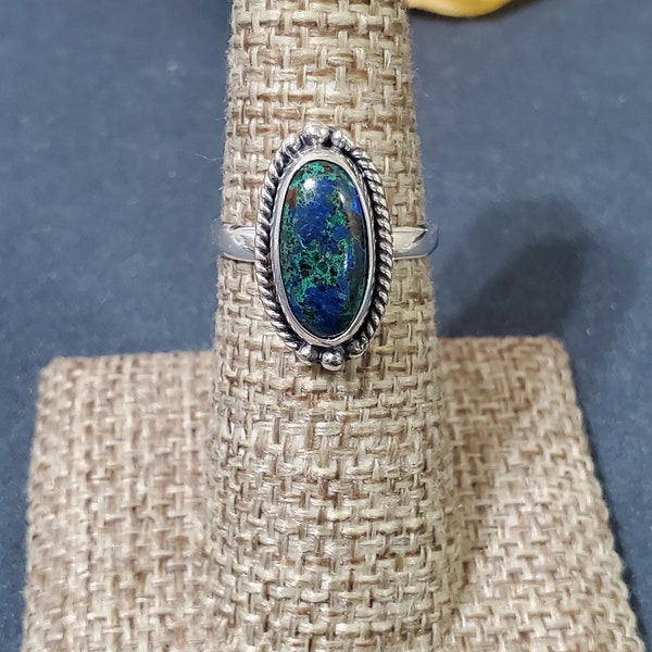 Azurite Malachite Ring/Long Oval Ring/Blue Green Stone Ring/Blue Green Stone Ring/Sterling Silver Ring/Dainty Azurite Ring/Natural Azurite