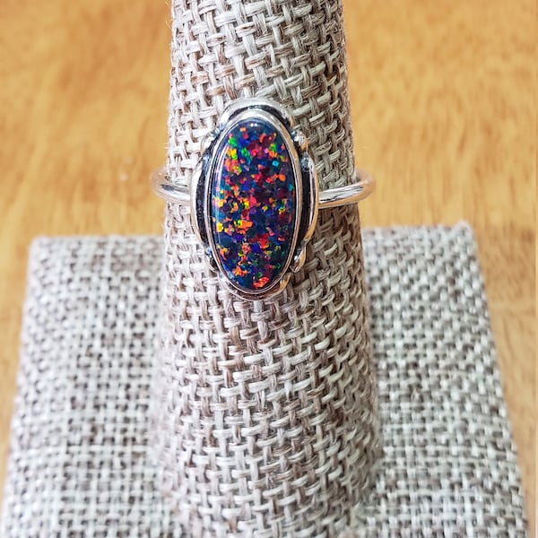 Black Fire Opal Ring/Sterling Silver/Solid Band/Red Opal/Statement Ring/Made In USA