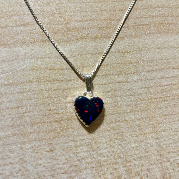 Heart Black Fire Opal Pendant Necklace/925 Silver/Handmade/Heart Pendant/Opal Pendant/Made In USA