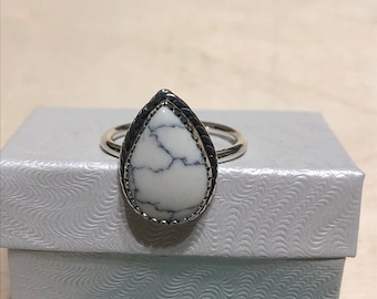 Teardrop White Buffalo Ring/White Turquoise Ring/Sterling Silver Ring/Large Small Size Ring/Statement Ring/Solid Band/ Made In USA