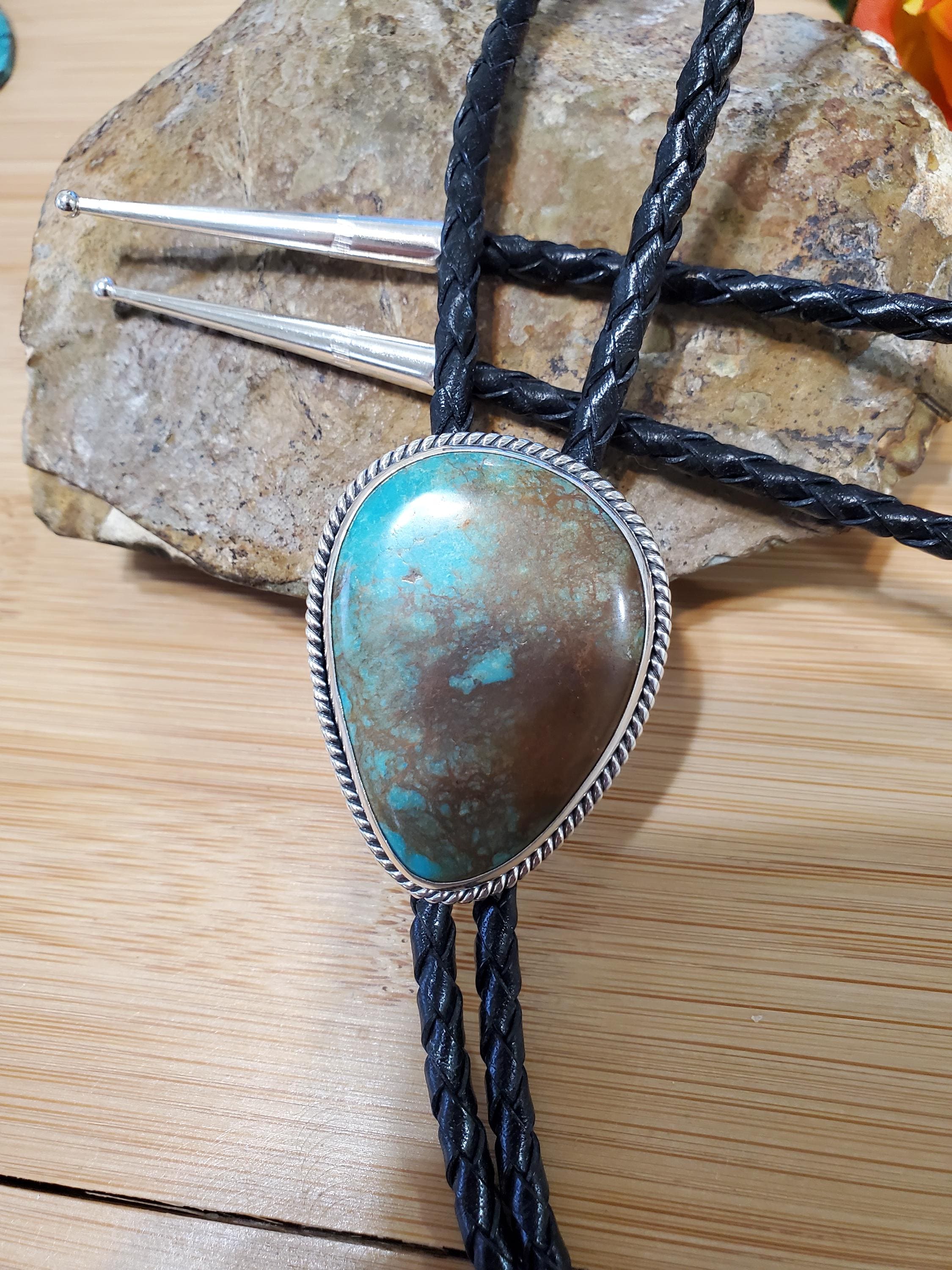 Turquoise Bolo Tie /Blue Turquoise Bolo Tie/Leather Bolo/ Sterling Silver Bolo/Turquoise Bolo Tie/Matrix Turquoise Bolo Tie/Gift/B 114