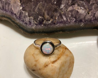 Round White Opal Ring With Solid Band/ Sterling silver/Large Small Size Available/Made In USA