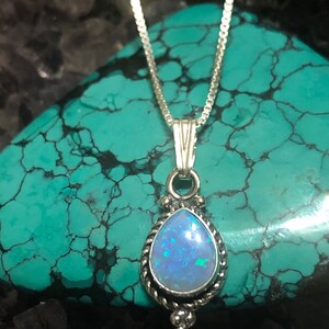 Teardrop Blue Opal Pendant/Dainty Fire Opal Pendant /Sterling Silver/Made In USA