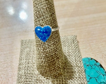 Deep Blue Fire Opal Ring/Heart Ring/Handmade Jewelry/Sterling Silver/Valentine's Gift/Opal Heart /Silver Ring