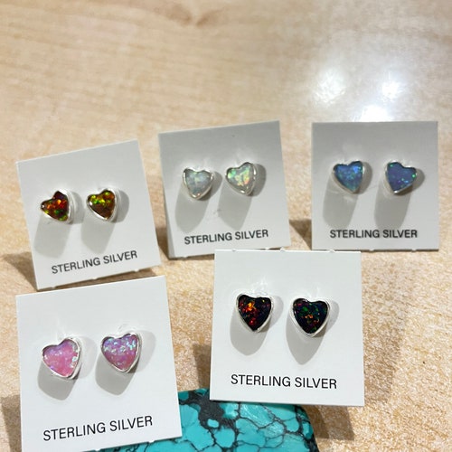 925 Sterling Silver Fire Snow Opal Heart Loveheart Girl Women Stud Earrings 