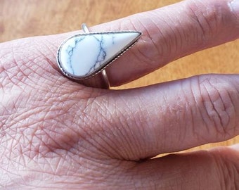 Long Teardrop White Buffalo white Turquoise Ring/Statement Ring/Handmade/Sterling Silver/Made In USA