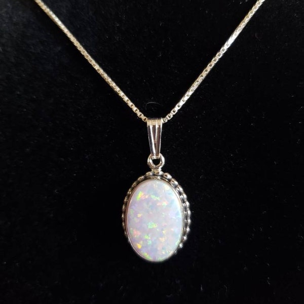 10x14mm Medium Pendant White Opal/Fire White Opal Necklace/Handmade Jewelry/Made In USA