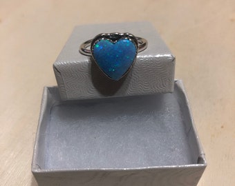 Blue Fire Opal Heart Ring/Sterling Silver/Heart Ring /Blue Opal Ring/ Large Small Size /Blue Opal Ring /Opal Heart ring/Heart Ring