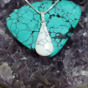 Long Teardrop White Buffalo Necklace/ Teardrop Pendant/Sterling Silver/White Turquoise /Made In Albuquerque New Mexico