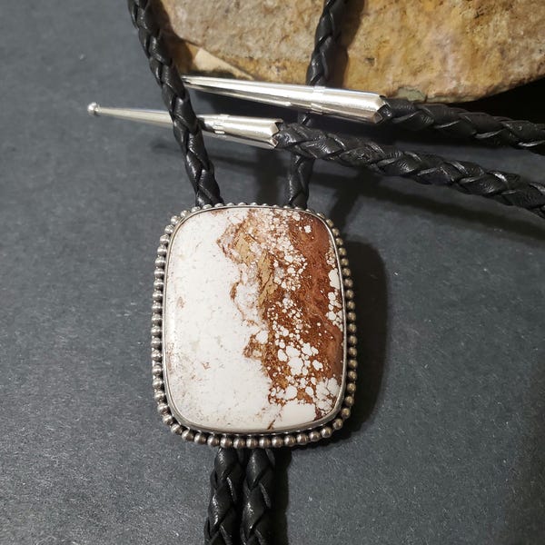 Wild Horse Bolo Tie/White Stone Bolo Tie/Square Stone Crazy Horse Bolo Tie/Turquoise Bolo Tie/Sterling Silver Bolo Tie/Bolo Tie For Her/B59