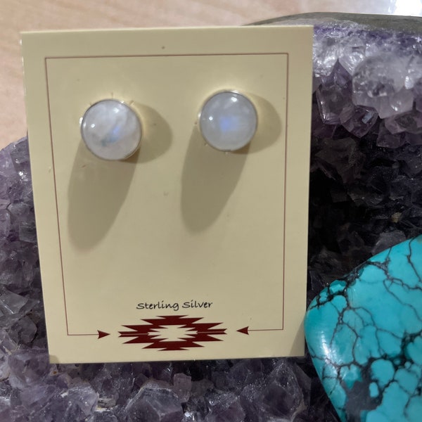 Rainbow Moonstone Stud Earrings/8MM Moon Stone Earrings/Sterling Silver/Handmade Jewelry/Blue Fire Moonstone/Made In USA
