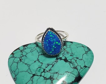 Teardrop Deep Blue Fire Opal Rings / Sterling Silver/Solid Band/Custom Sizes/Large Small Size/Statement Opal Rings