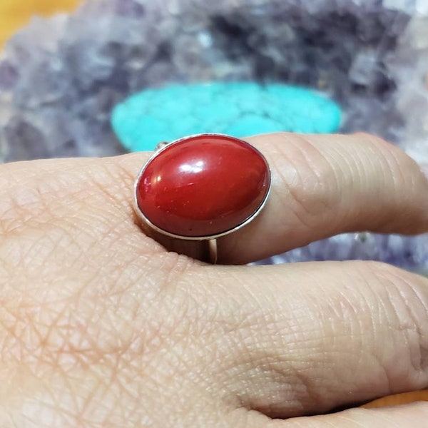 Large Red Coral Ring/Statement Ring/Sterling Silver/Handmade Jewelry/Big Coral Ring/Made In USA