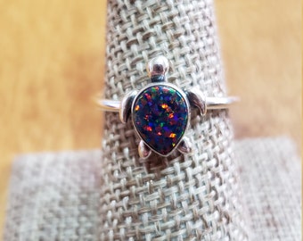 Sea Turtle Black Fire Opal/ Silver Ring/Red Opal/Handmade Jewelry/Sea Turtle/Turtle