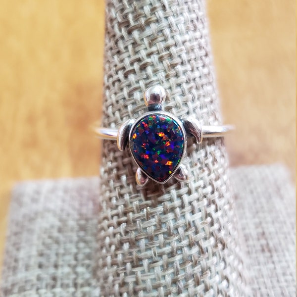 Sea Turtle Black Fire Opal/ Silver Ring/Red Opal/Handmade Jewelry/Made In USA