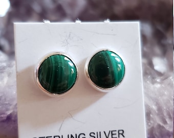 8mm Malachite Stud Earrings/Sterling Silver/Green Stud Earring