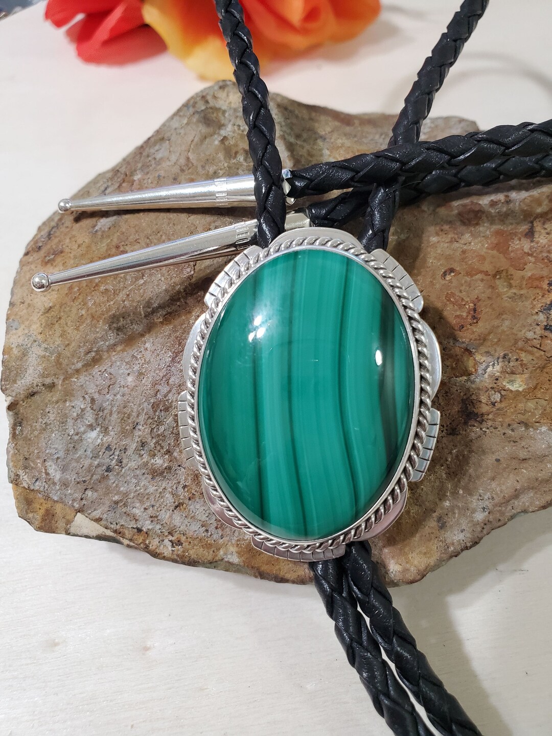 Green Malachite Bolo Tie/green Stone Bolo Tie/sterling Silver Bolo Tie ...