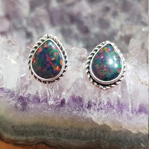 Black Fire Opal /Teardrop Earring/Sterling Silver/Opal Teardrop Stud/Handmade Jewelry/Minimalist Earring/Black Opal/Gift For Her
