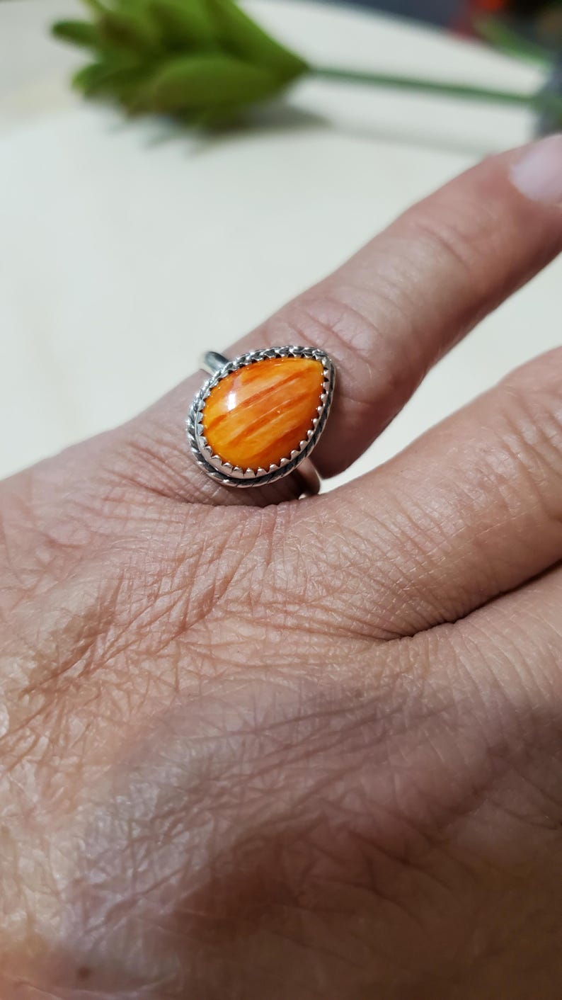 Orange Spiny Oster Ring Sterling Silver Ring/Spiny Oyster Ring/Teardrop Ring/Spiny Oyster Jewelry/Gift For Her image 3