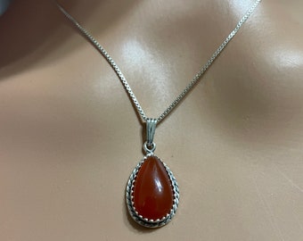 Carnelian Pendant Necklace/Red Carnelian Crystal/Teardrop Pendant/Sterling Silver Necklace/Carnelian Necklace