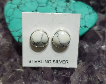New Round White Turquoise Stud / white Buffalo /Post Earring /Sterling Silver .925