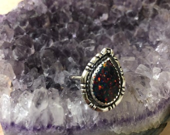 Black Fire Opal Ring/Custom Size/ Teardrop Opal Rings/Solid Band/Bridesmaid Gift /Sterling Silver/Made In USA