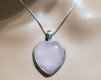 Rose Quartz Heart Pendant/Pink Rose Quartz Heart Pendant Necklace/Pink Rose Quartz Heart Pendant/Sterling Silver/Valentine Gifts/Heart