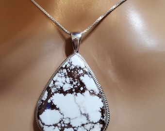 Large Wild Horse Pendant/Wild horse Necklace/Silver Chain/Big White Stone/Wild Horse Necklace /Crazy Horse Pendant /Gift For Her/W12