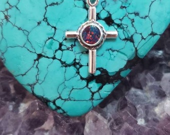 Cross Pendant Necklace/Black Fire Opal Cross Pendant/Sterling Silver/Box Chain/Small Cross/Opal Cross