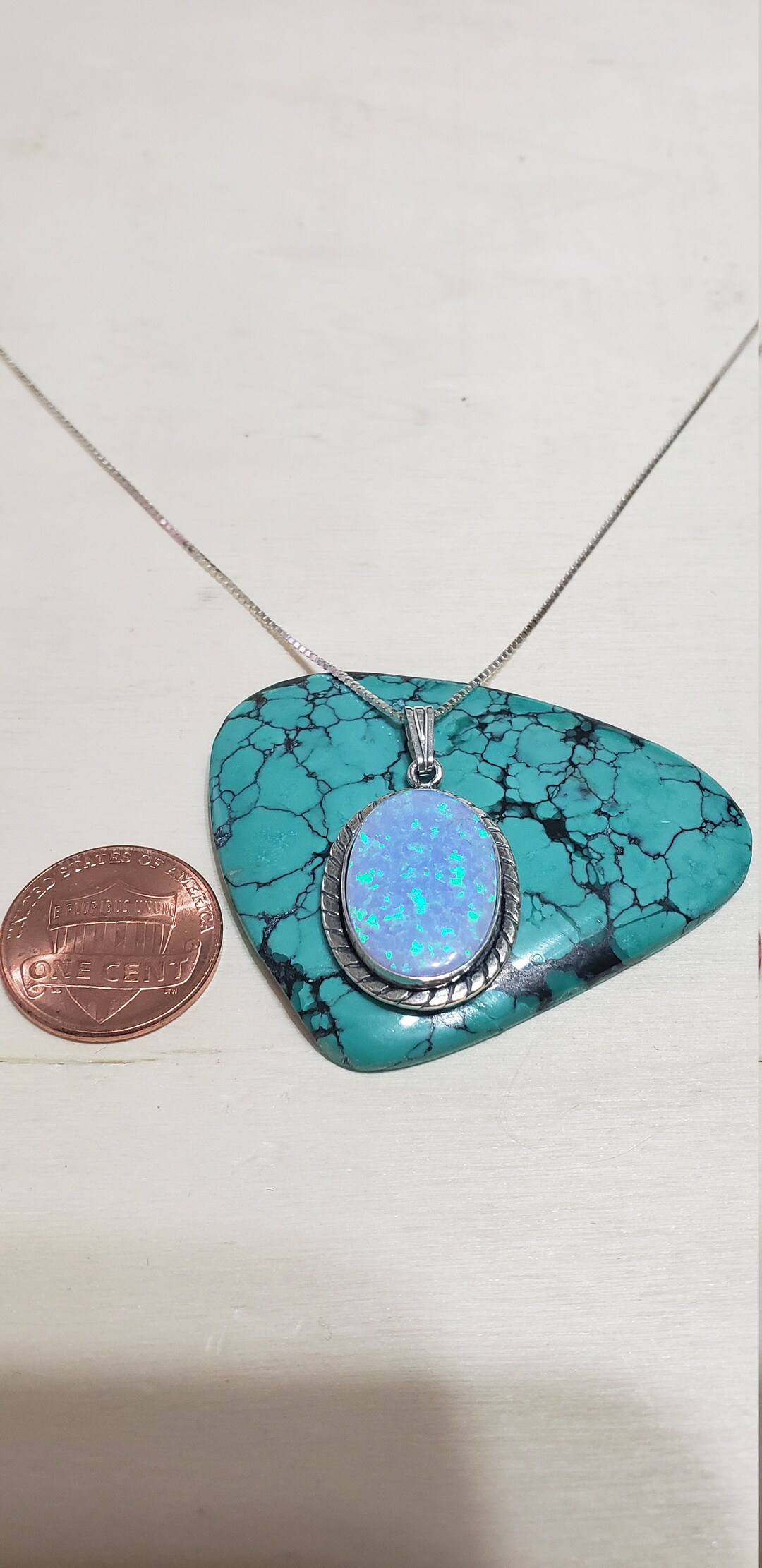 Large Opal Necklace/opal Pendant/blue Opal Jewelry/box Chain/statement