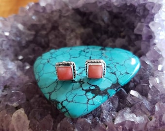 6mm Square Stud  Coral Earring/Sterling Silver Stud/Handmade Jewelry/Silver Stud