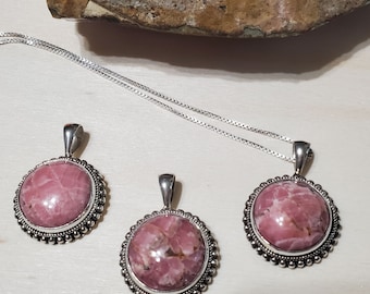 Rhodochrosite Necklace /Sterling Silver/Large Pink Stone Pendant/Natural Rhodochrosite Pendant/Round Rhodochrosite Pendant Necklace/Gift