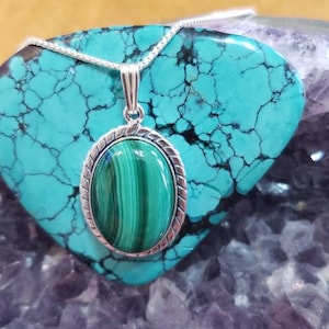 Large Green Malachite Pendant Necklace/Sterling Silver/Statement Necklace/Made In USA