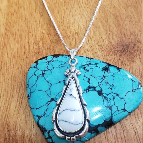 Large Teardrop /White Buffalo /Turquoise Necklace/Genuine 925/Box Chain Necklace/Bridesmaid jewelry/ Made In USA