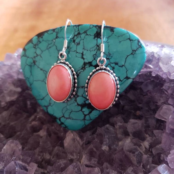 Oval Coral Earring/Sterling Silver/Handmade Jewelry/Pink Coral/Coral Earring/Made In USA