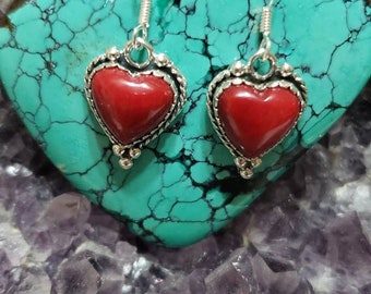Heart Red Coral  Earring /Sterling Silver /Opal Heart/Red Coral /Valentine Gift/Made In USA