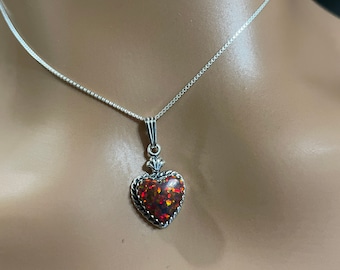 Pendant Heart Red Fire Opal Necklace/Silver Box Chain/Sterling Silver/Handmade /Red Opal Pendant/Opal Heart/Heart