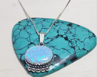 Fire Opal Necklace/Blue Opal Pendant/Sterling Silver/Box Chain/Opal/Gift