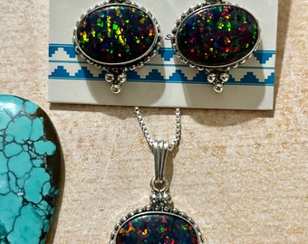 Fire Black Opal Jewelry Set/ Opal Necklace/ statement Earring/Handmade /Fire Opal Jewelry /Black Opal